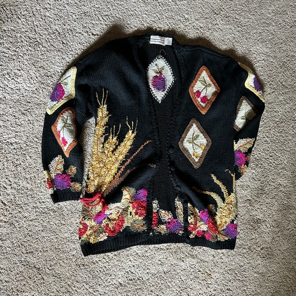 Lauren Hansen Sweaters - Elegant Black Cardigan with Vibrant Embroidery